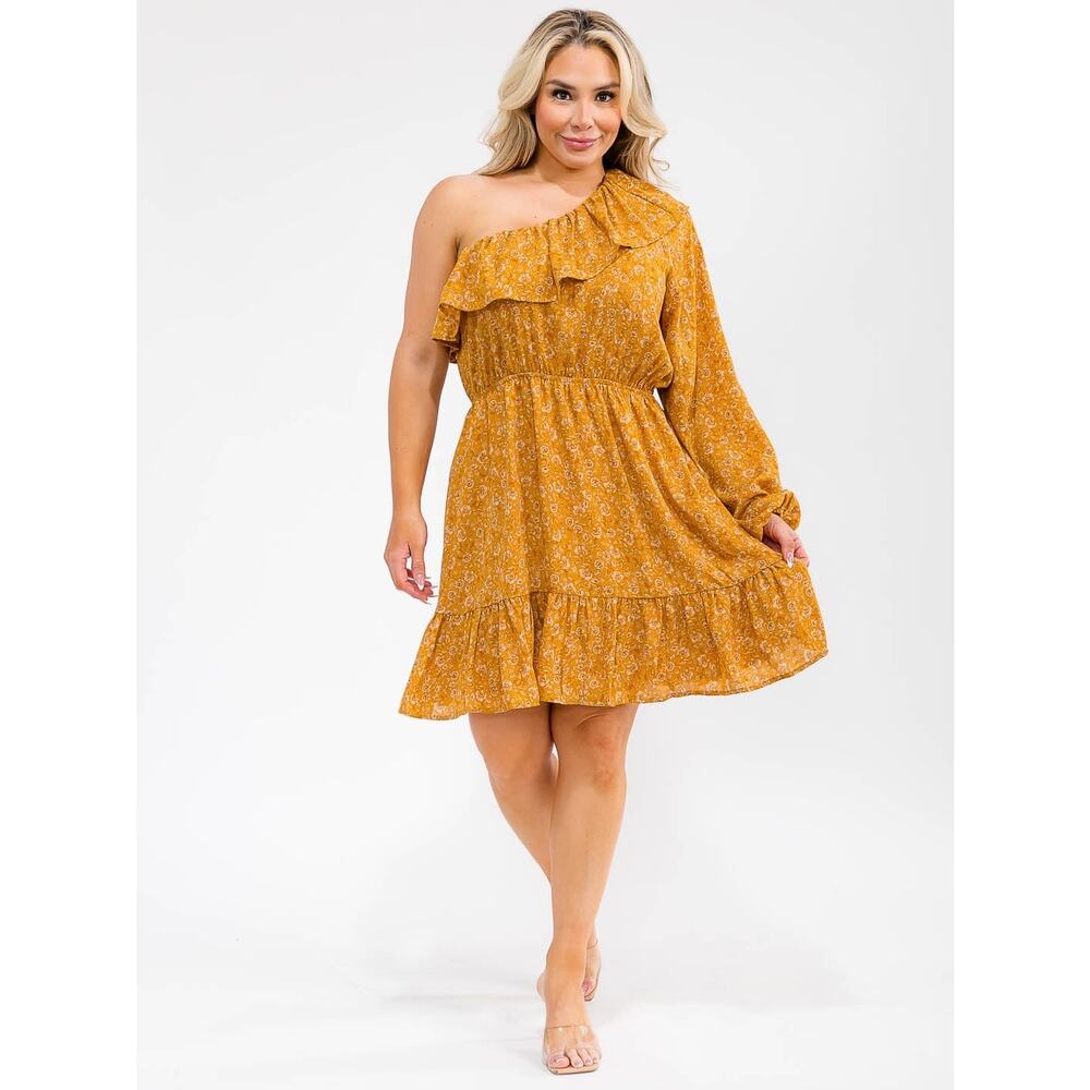 NWT Heyson Long Sleeve One Shoulder Floral Print Mini Dress 1XL Boho Feminine